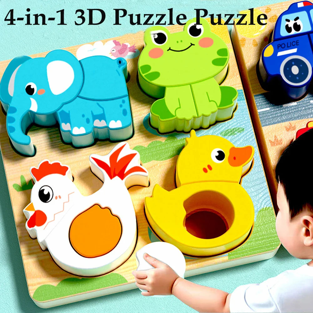4-in-1 Wooden 3D Cartoon Animal Puzzle | Educational Toy for Kids